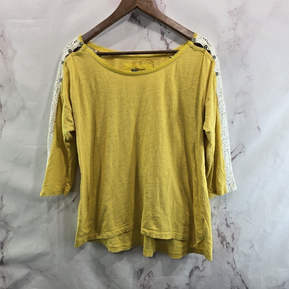 Anthropologie Shirt Womens Large Little Yellow Button Tee Crochet Lace Boho